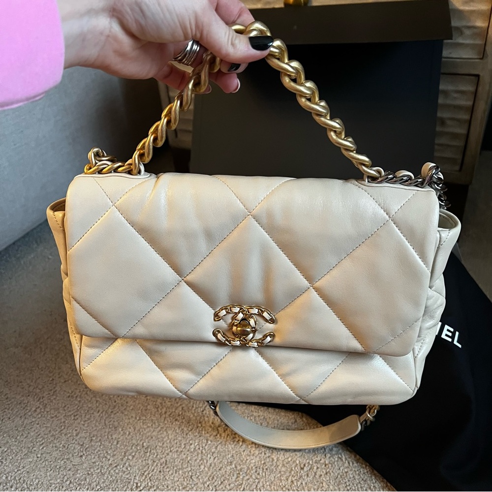 Chanel 19 beige large flap bag lambskin two tone metal